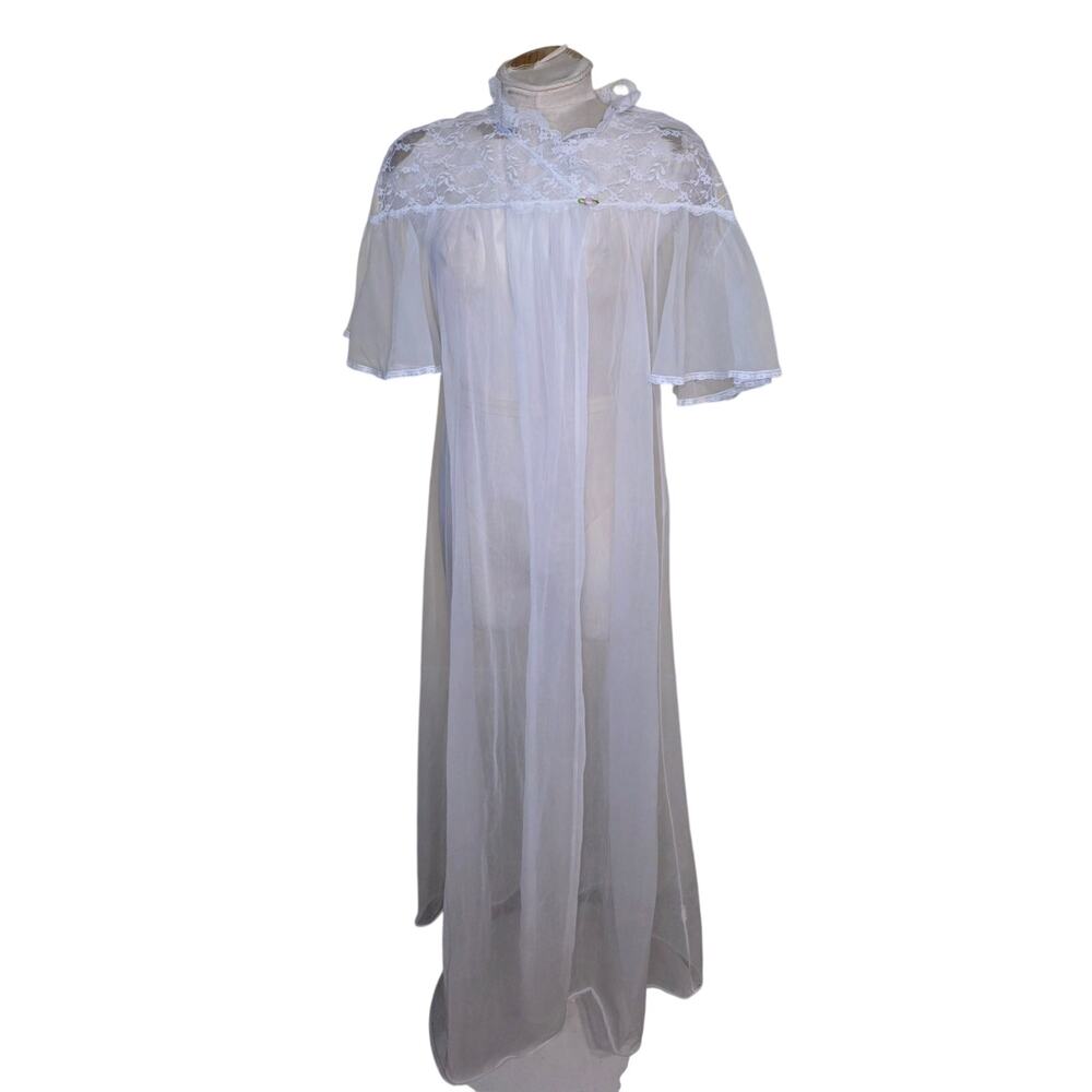 Vtg 1980s Val Mode Sheer Bridal‎ Robe Nightgown Nylon Lace Flutter Sleeve Small